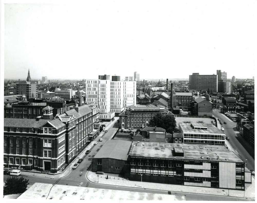 Campus view to the east from Fletcher Tower featuring the James Went Building