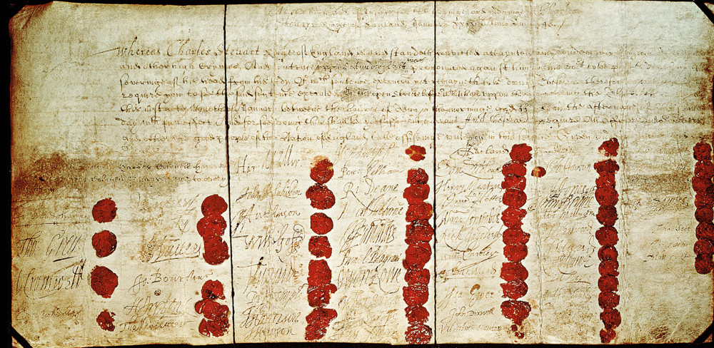 Death warrant for Charles I. Houses of Parliament, Westminster, London. Copyright Parliamentary Archives.