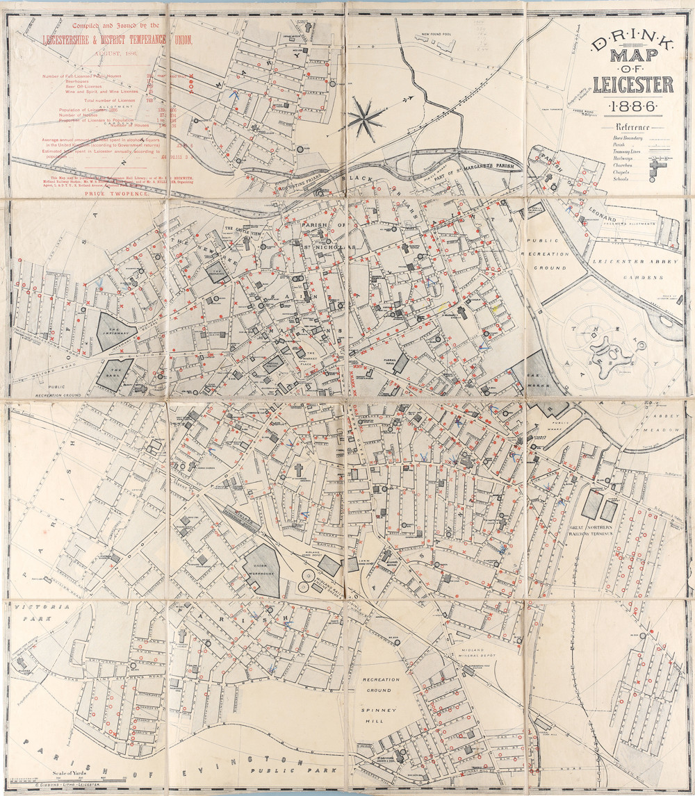 Drink Map’ of Leicester, Leicestershire and District Temperance Union, 1886. Drink maps highlighted the social problems of alcohol by showing how many places there were within a town where drink could be purchased. Courtesy of the Record Office for Leicestershire, Leicester and Rutland