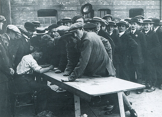 Men enlisting for the Great War in Magazine Square, Leicester, 1919.
