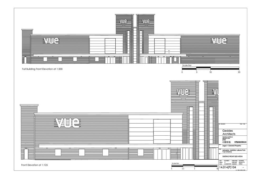 Front elevations for the existing Vue cinema by Geddes Architects.