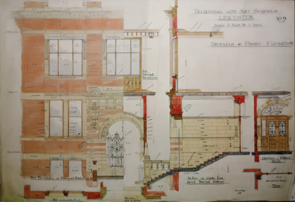 Architectural elevation drawing of the Leicester Arts and Technical School, Samuel Perkins Pick, before 1897.
