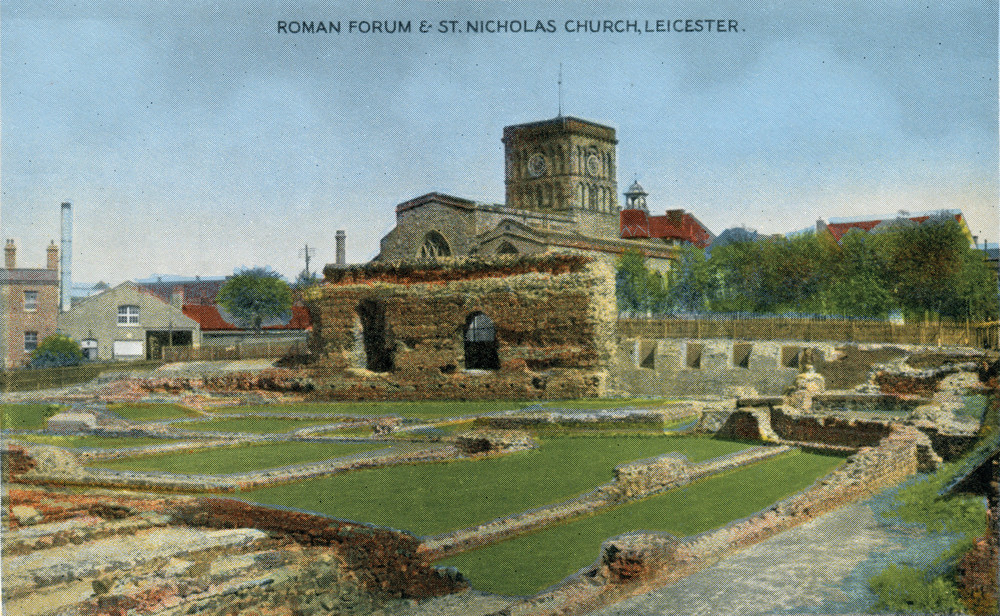 Postcard of Jewry Wall, the ruins of the Roman bath houses. St Nicholas stands in the background. 