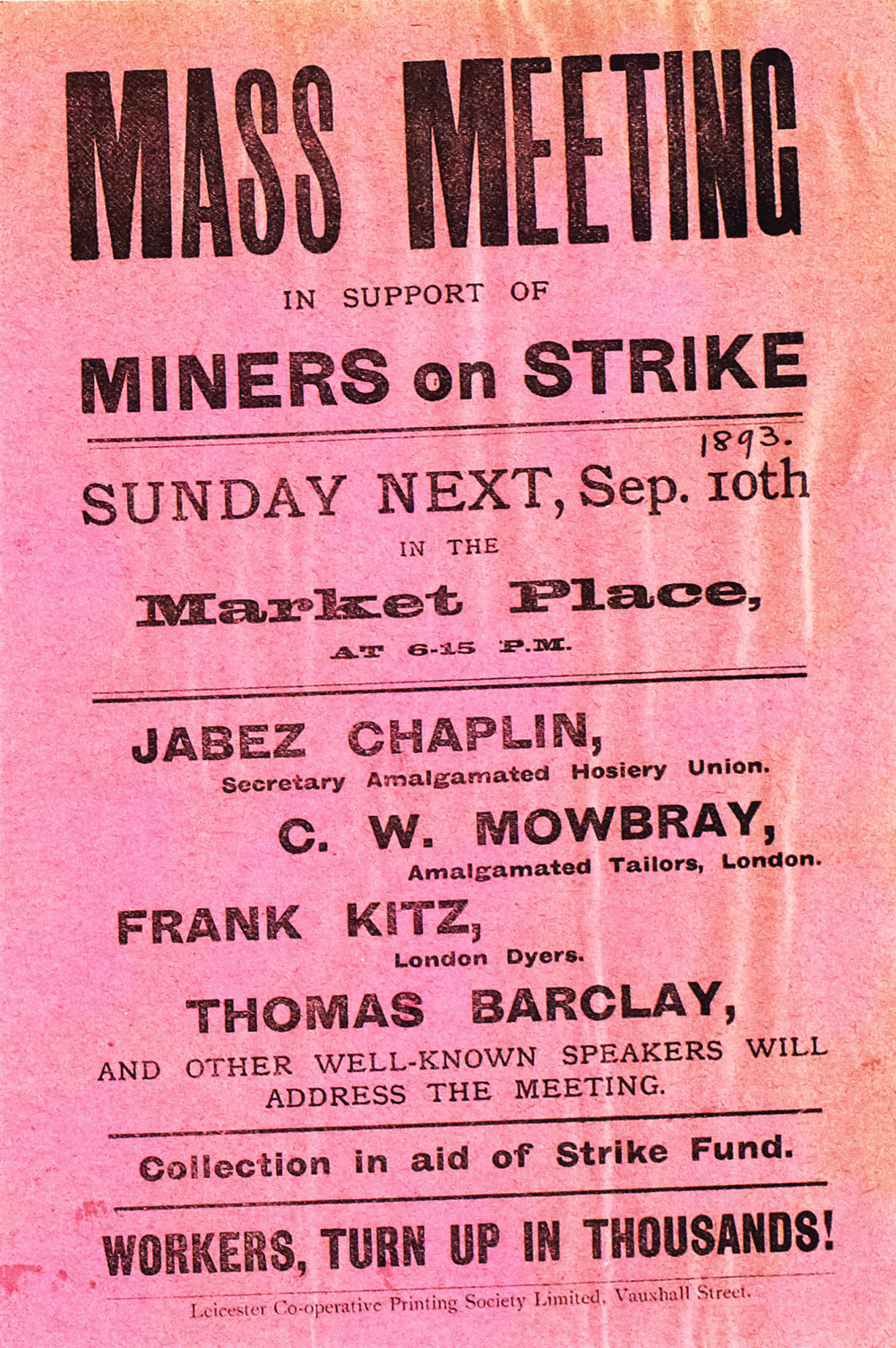 Poster advertising a meeting in support of miners on strike, featuring Thomas Barclay as a speaker, 1893. Courtesy of Gorrie Collection, University of Leicester Special Collections Online, specialcollections.le.ac.uk