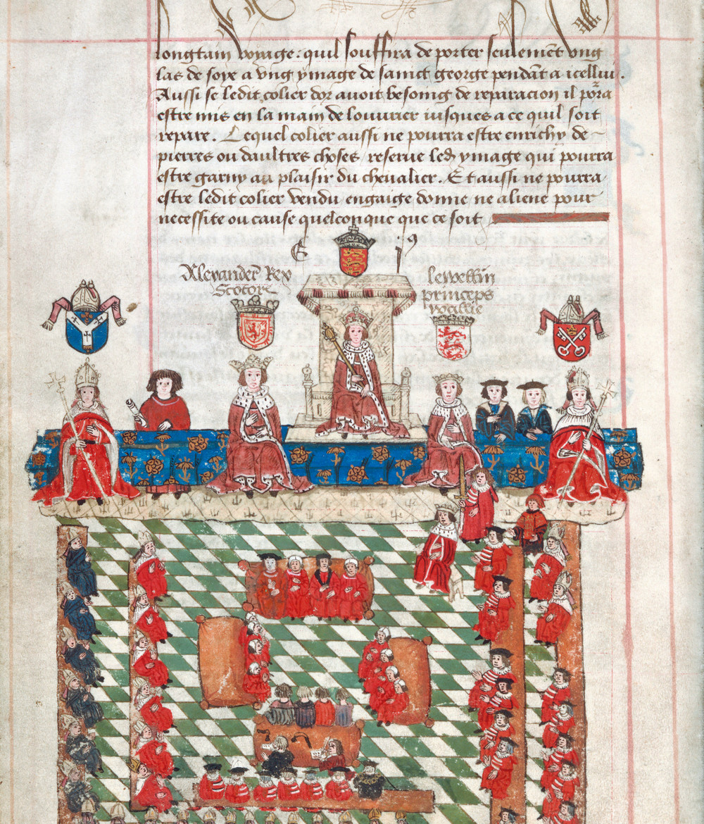 An illustration showing a Parliament held by King Edward I, c.1327, from the Wriothesley Garter Book of the Parliament of England assembled in 1523. Illustration of the opening of Parliament. (Royal Collection Trust © King Charles III, 2023