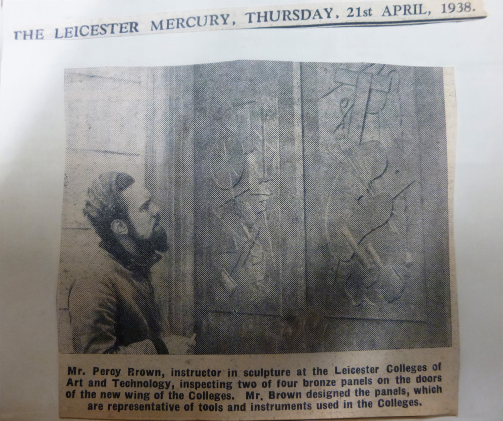 Press cutting from The Leicester Mercury, Percy Brown inspects his designs on the final wing to be constructed to complete the Hawthorn Building, 1938