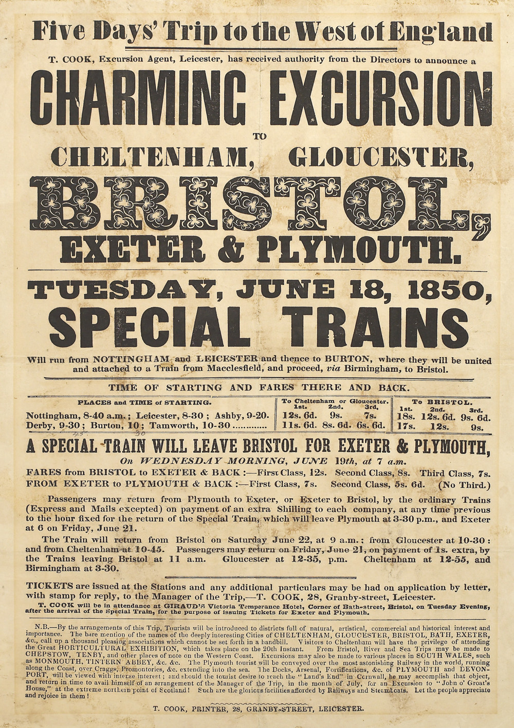 *Poster for a Thomas Cook excursion to the West of England, 1850. Courtesy of Thomas Cook Archives*