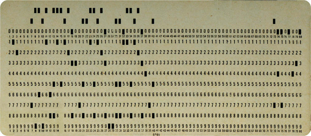 Example of a punch code card which was used to load software into an old mainframe computer. Courtesy of Pete Birkinshaw.