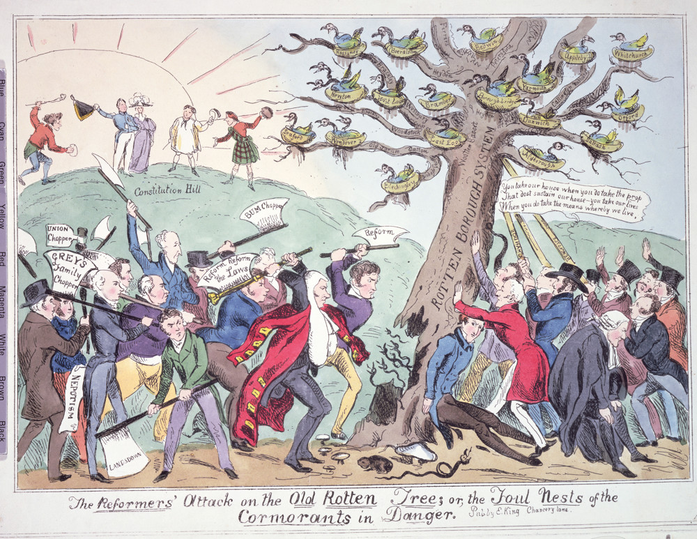 “The Reformers’ Attack on the Old Rotten Tree”, satirical cartoon, published by E King, c1831. ©British Library