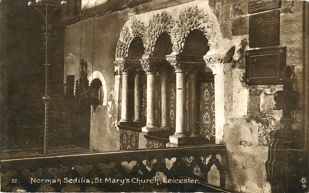 Postcard of the Norman Sedilia in St Mary de Castro church. This is considered some of the finest Norman masonry in the county. 