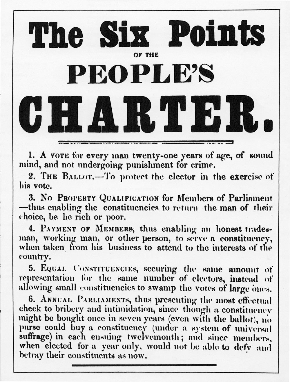 The Six Points of the People’s Charter, lithograph print.