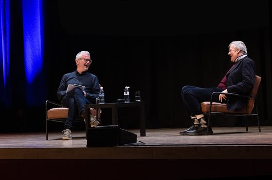 Geoff Rowe & Stephen Fry on stage laughing De Monfort Hall 2026 (c) Andy Hollingworth Archive hi res