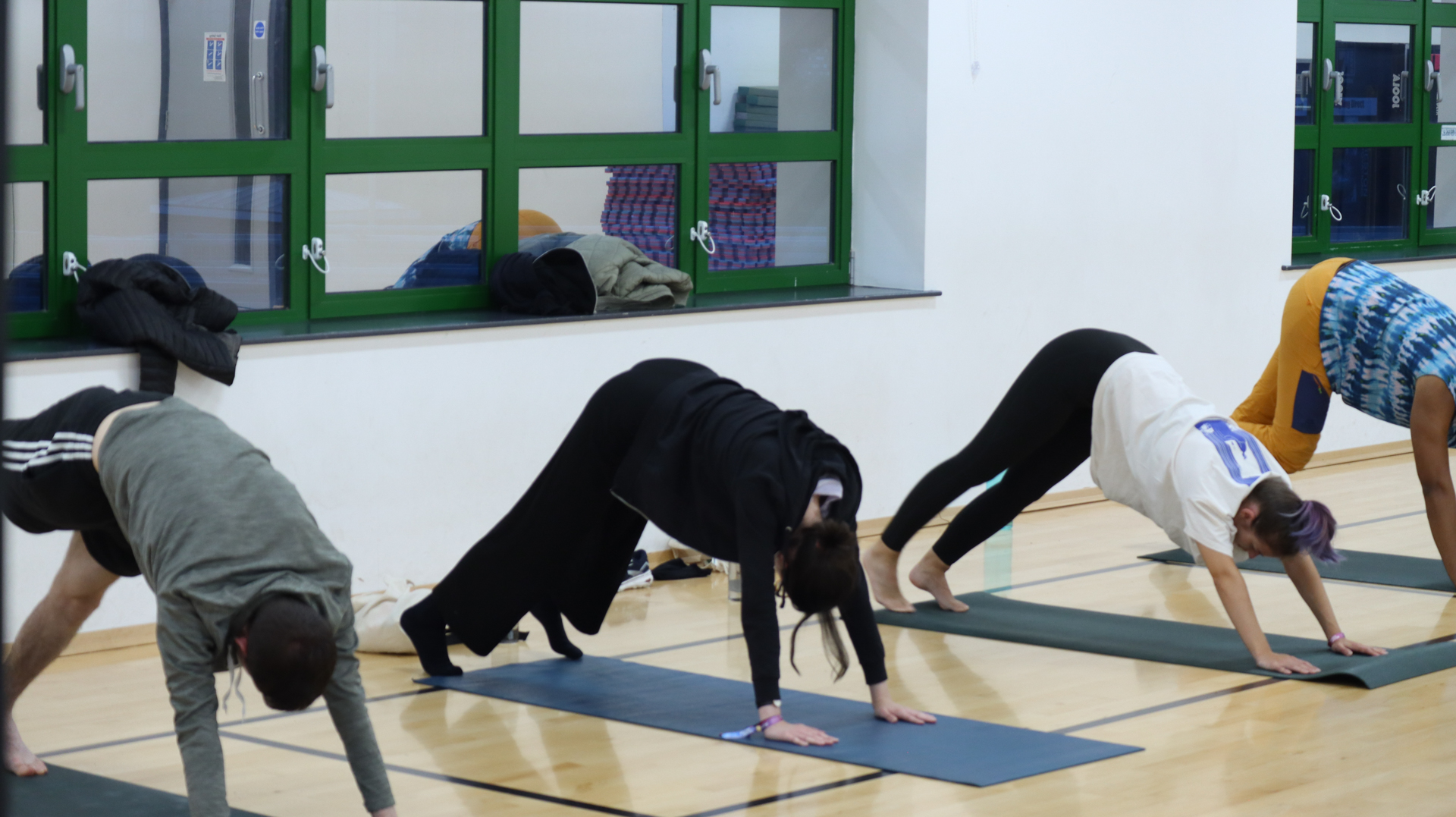 People practicing yoga indoors, each on a mat in a downward dog pose.