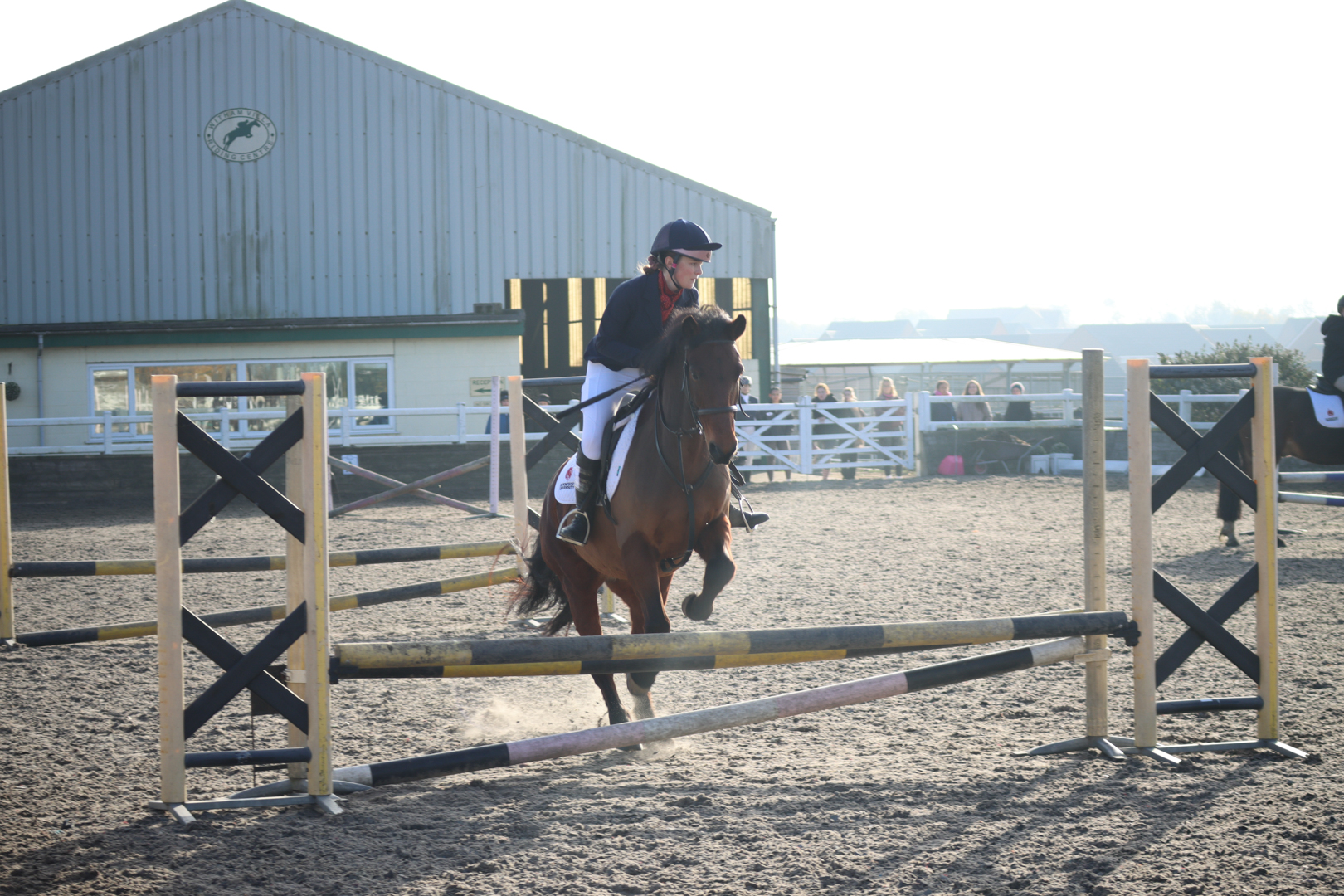 Equestrian rider on a horse jumping over an obstacle in an outdoor arena.
