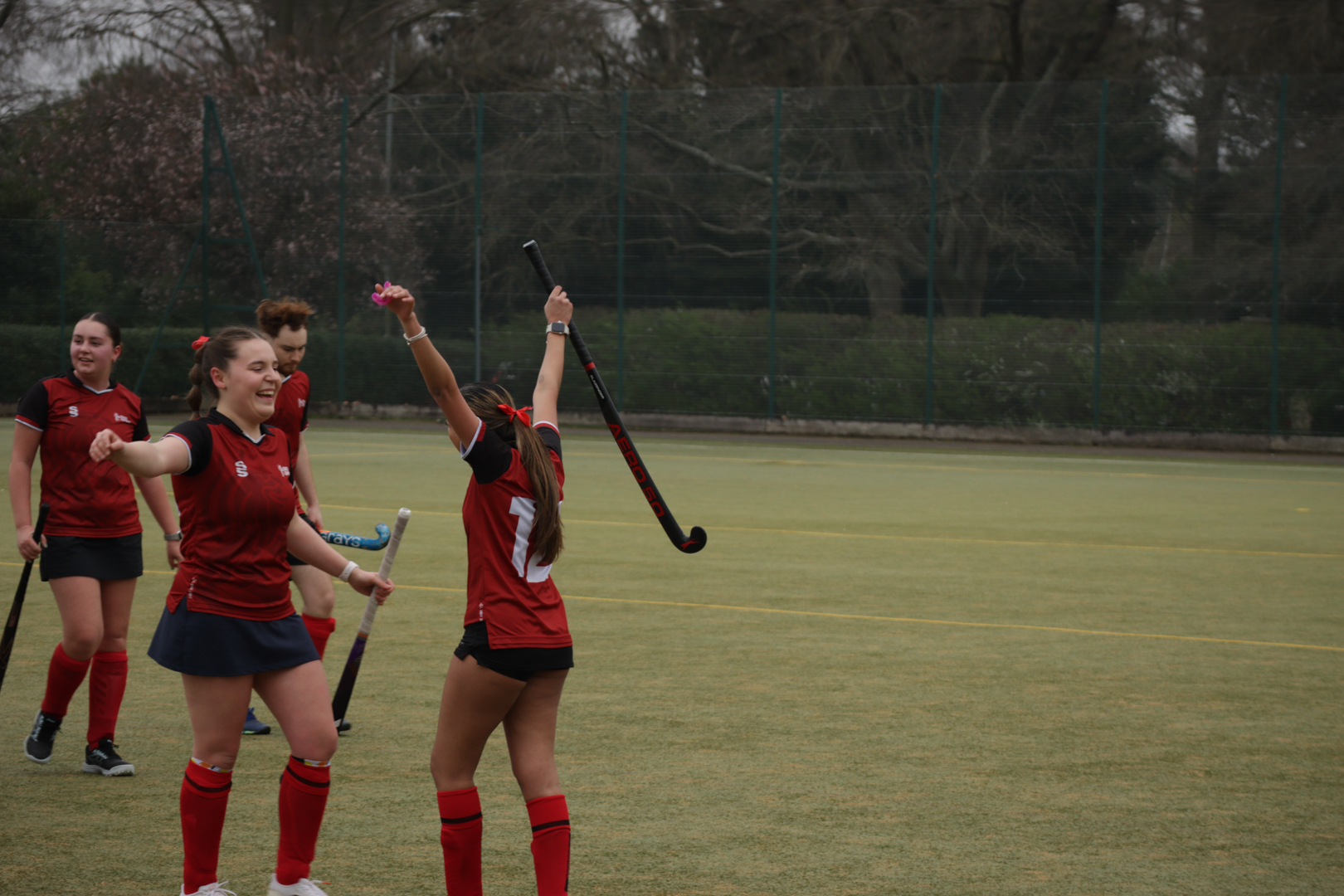 Hockey players in red kits celebrate on a grassy field.
