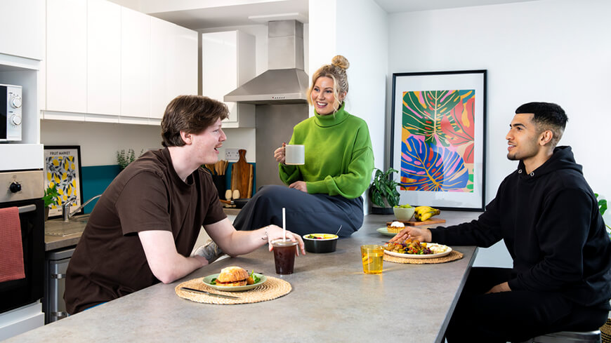 DMU students in a hall of residence kitchen area