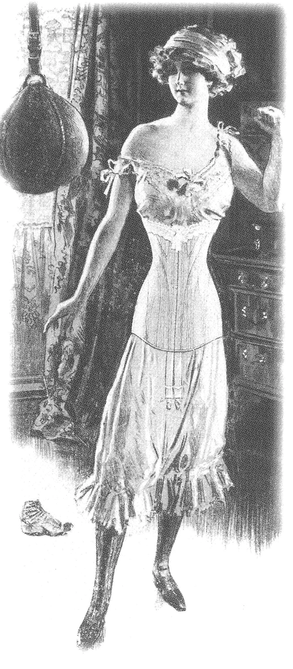Advertising print showing a long fitting, straight-front corset, 1905