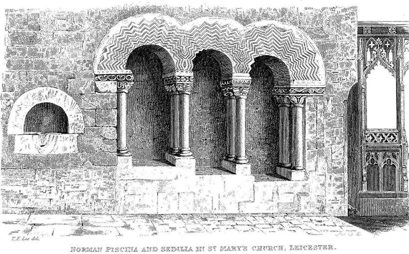 Norman Piscina and Sedilia in St Mary’s Church Leicester, Etching Print, signed T. F. Lee