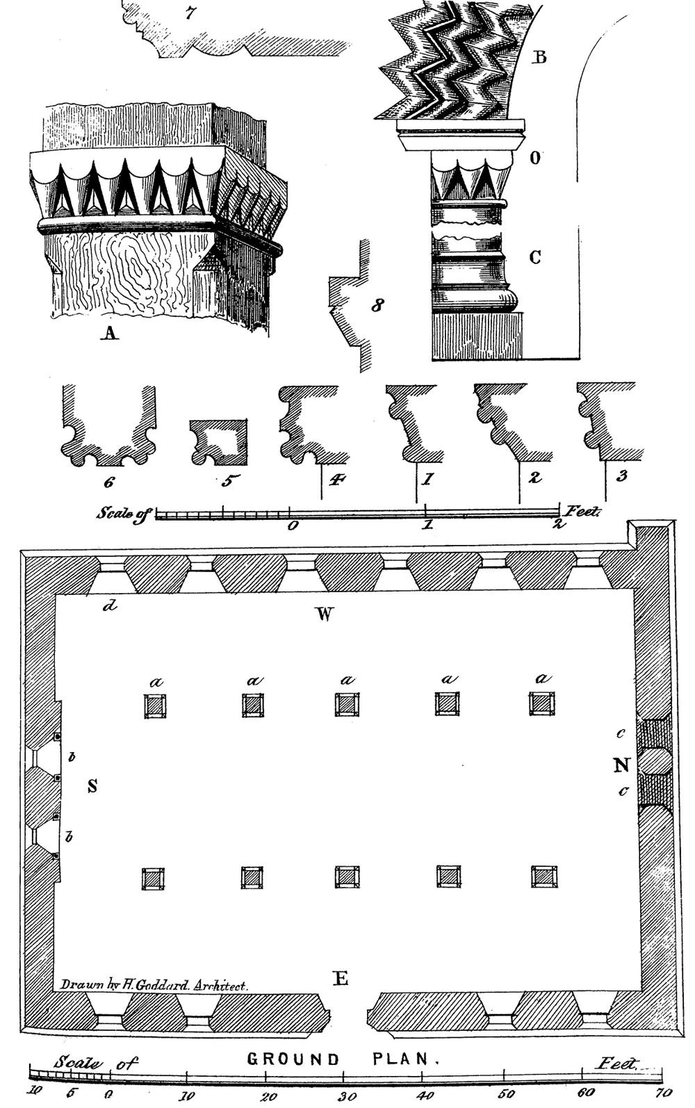 Leicester Great Hall ground plan and capital post detail. Leicester Castle, Levi Fox, 1944.