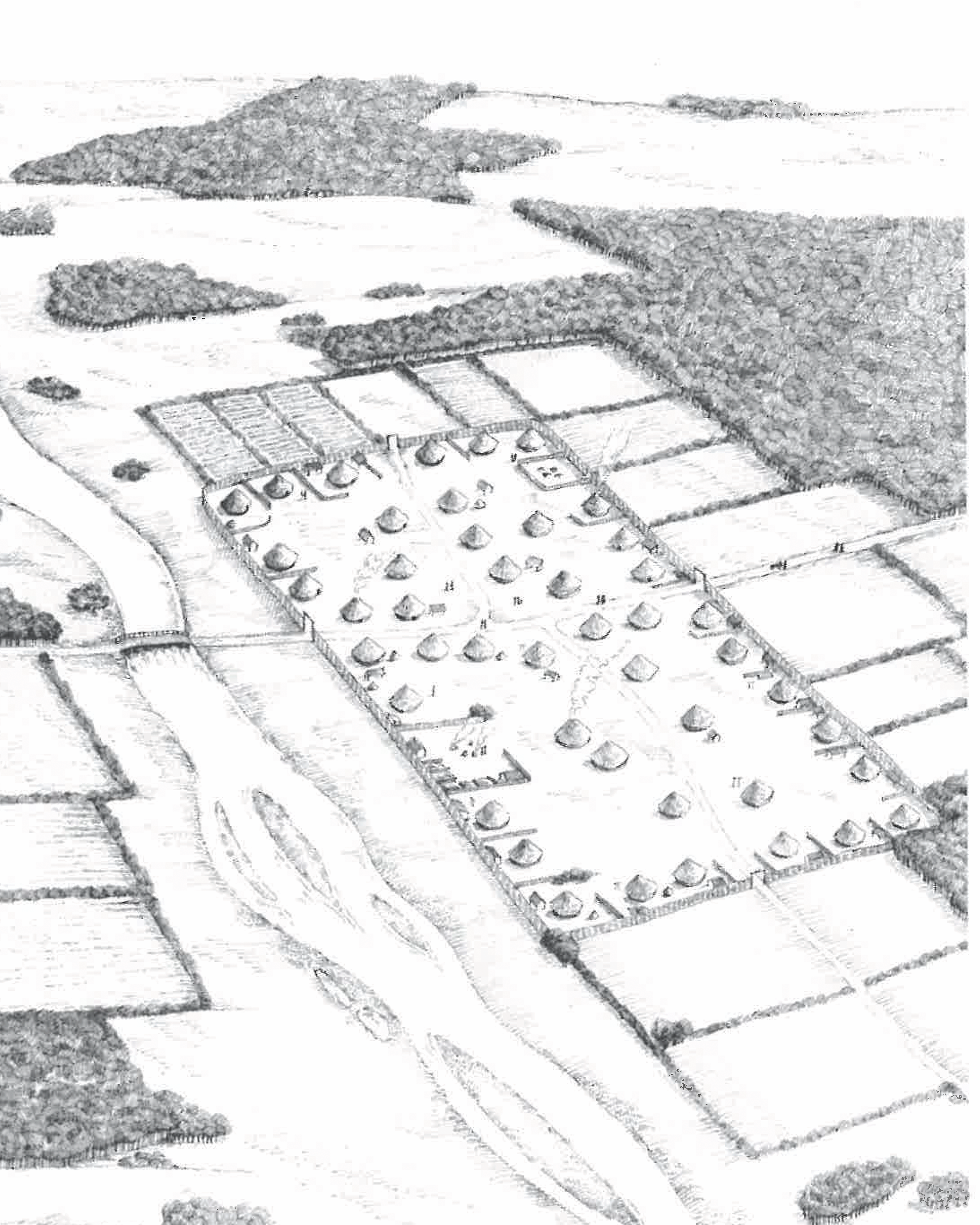 Reconstruction of Iron Age Leicester circa AD 30. Drawing by Sarah Geeves, courtesy of University of Leicester Archaeological Services.