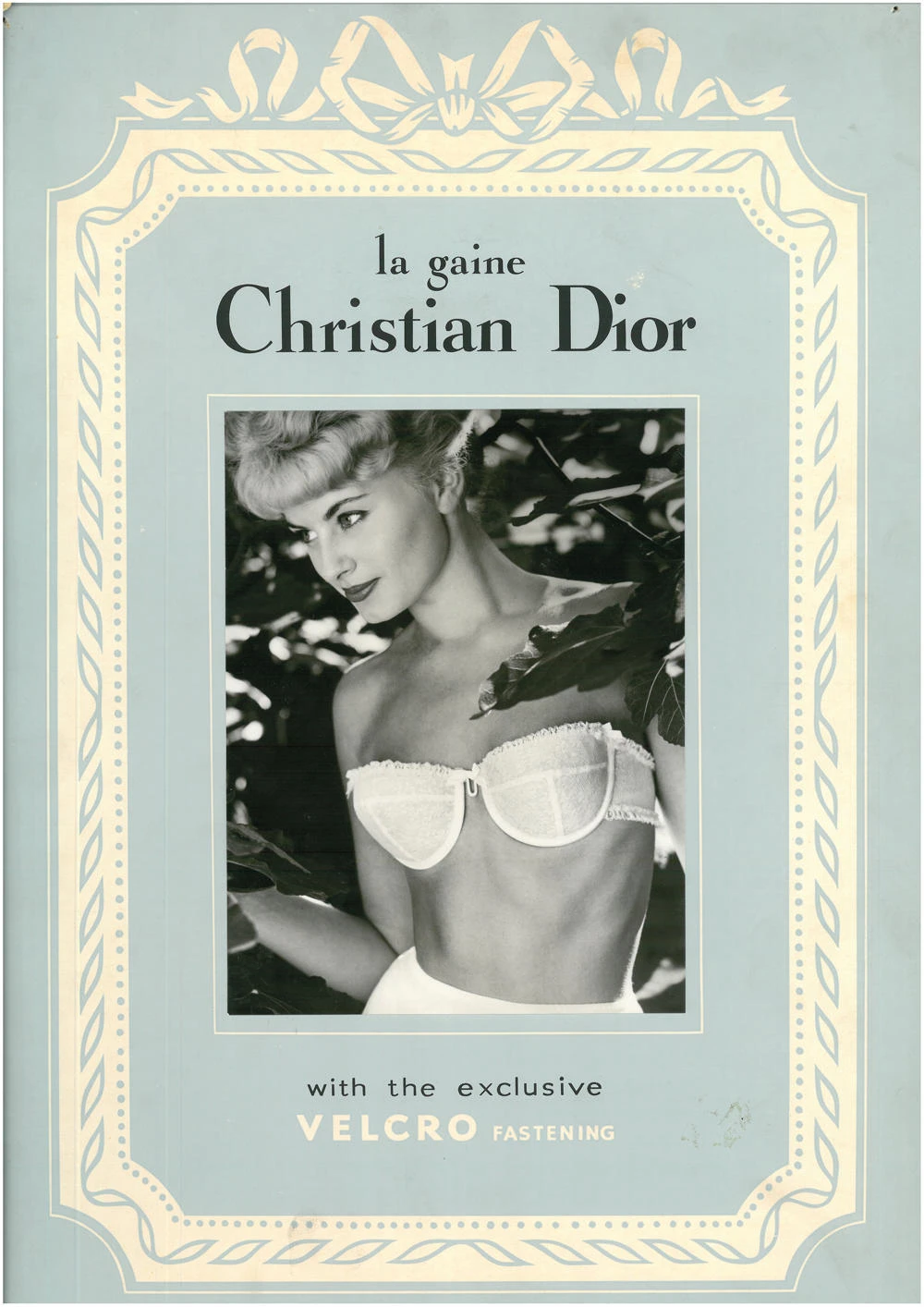 Display photograph for a strapless bra from the Dior collection, produced by Symington’s in 1957.
