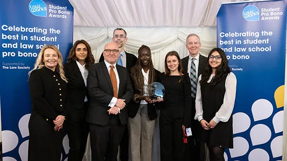 Group photo featuring law students Ruth Kargbo and Krisztina Pall, and staff members Sharan Sandhu, Serena Boulton, Louise Neilson and Alwyn Jones