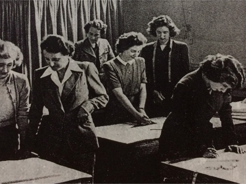 First group of students at work. The original cohort consisted of four women and one man who were all awarded diplomas. ©DMU Special Collections and Archive.