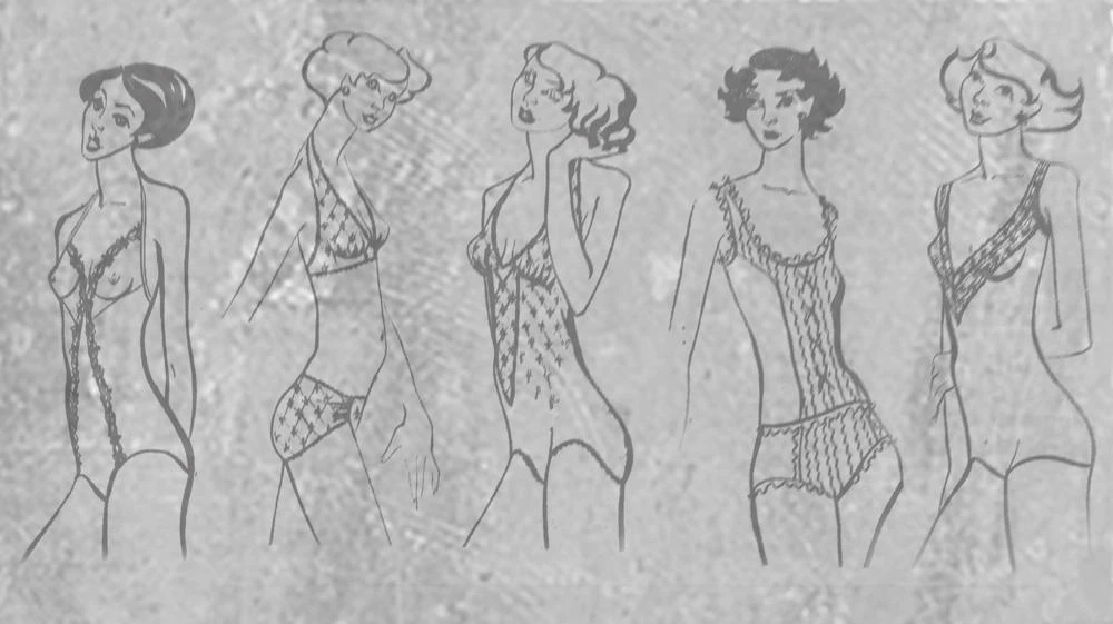 Drawings for a Du Pont sponsored collection of young ideas in foundation and leisure wear, 1975. ©DMU Special Collections and Archive.