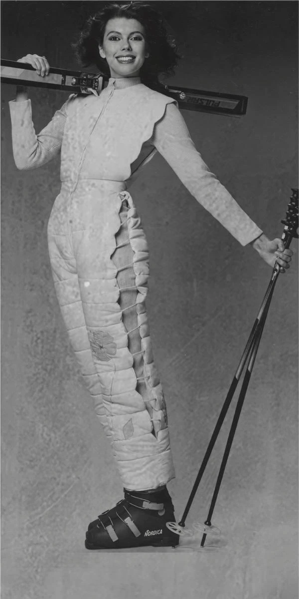 Futuristic ski-suit with matching leotard and a new look brief and bra, both by student Karen Parker. Part of the *'Lycra Moves in 1980 with Contour Fashion’* project. ©DMU Special Collections and Archive.