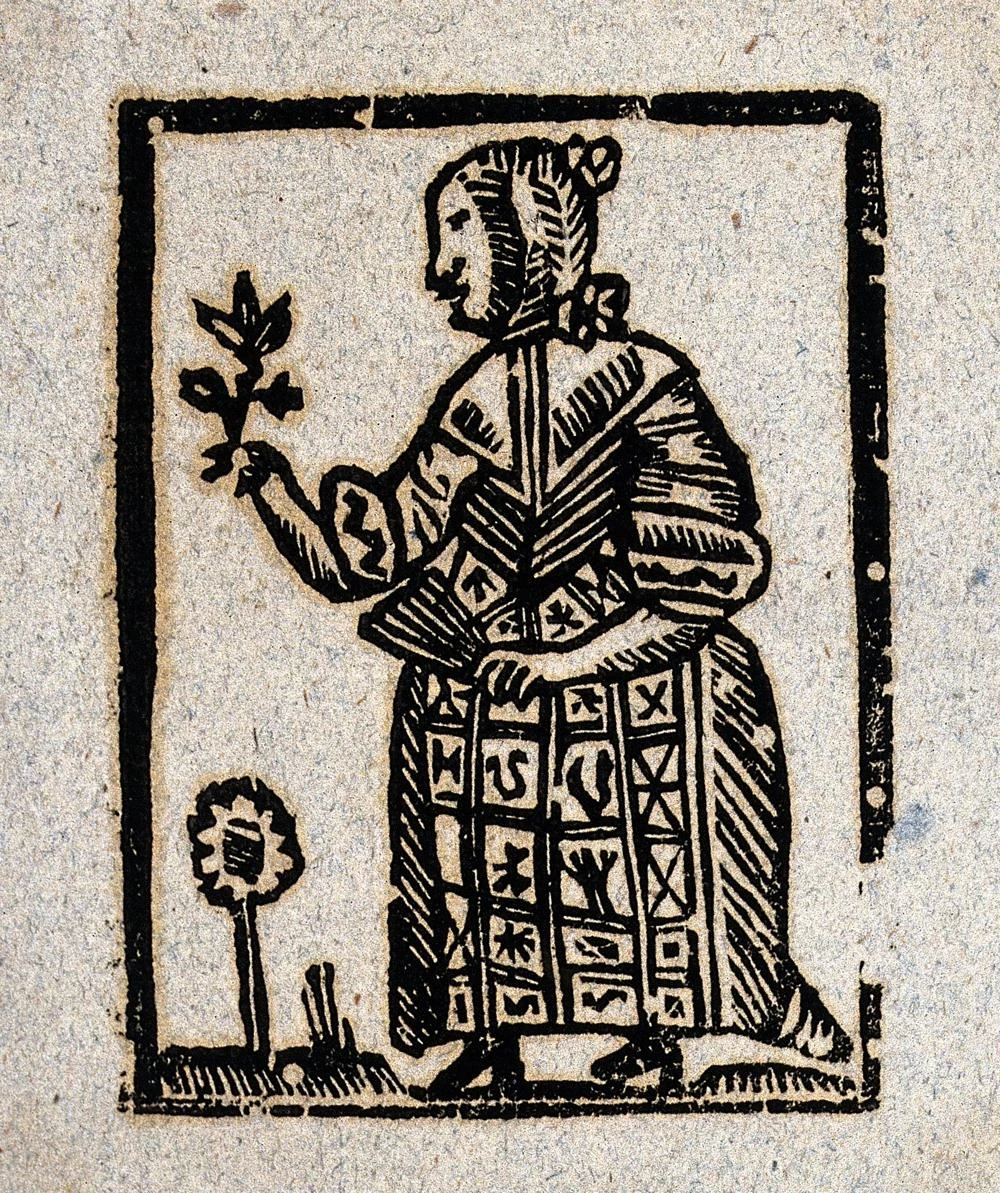 Woodcut illustration of a woman holding a flower