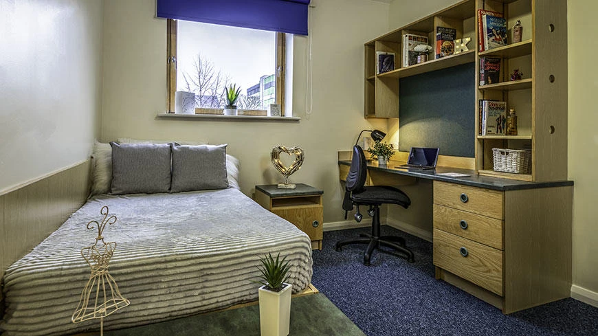 One of the bedrooms in the DMU-owned and managed Bede Hall 