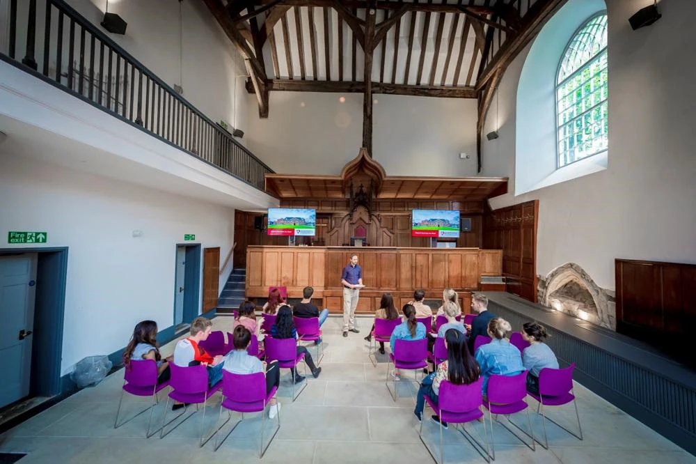 One of the two old court rooms within Leicester Castle which is now a university meeting centre
