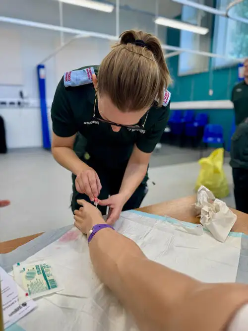 Student practising intravenous access/cannulation skills on part-task trainer