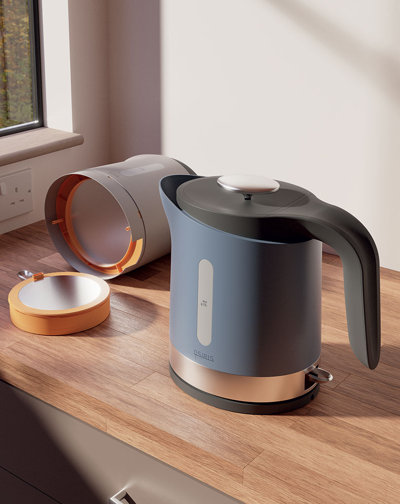 A grey kettle on a wooden sideboard