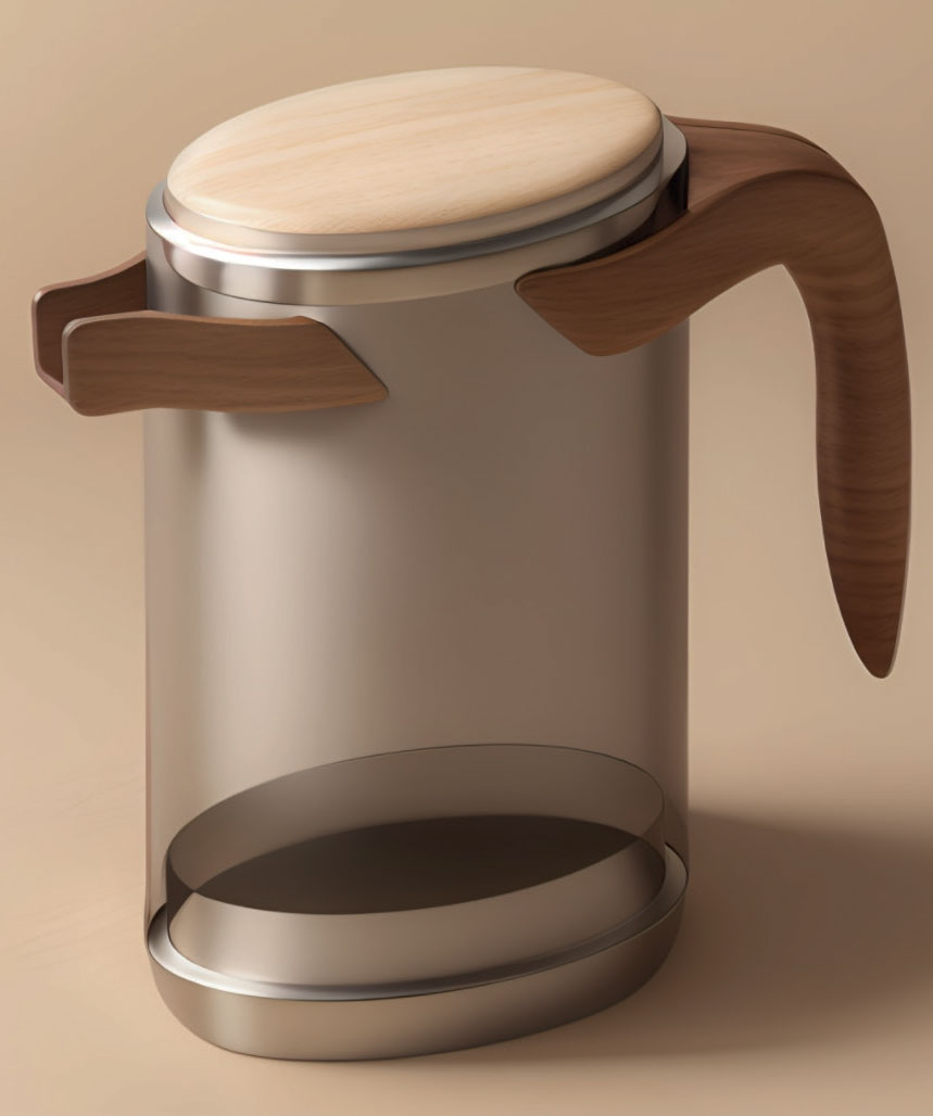 An alternate housing for the kettle with a transparent body and wood effect handle