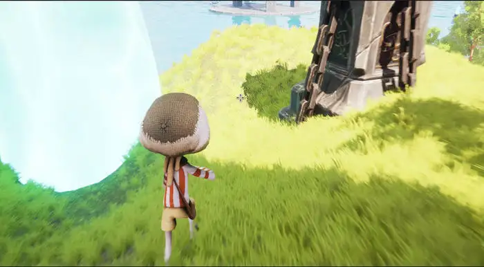 A sackcloth character running across grass