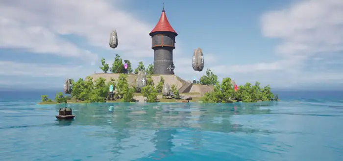 CG image of an island with a small castle and foliage on it, in a blue ocean; made in Unreal Engine