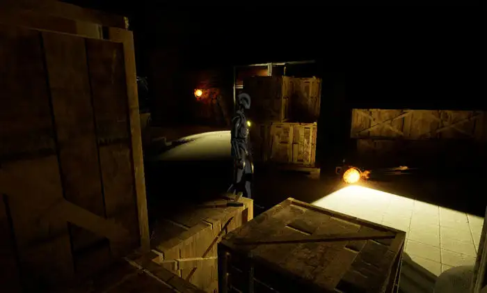 A dark, candlelit scene featuring wooden crates and a silver robot character