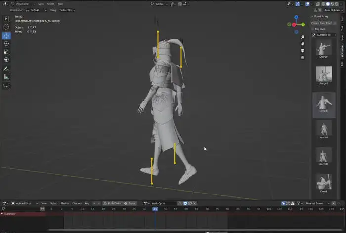 A knight character being constructed in Blender
