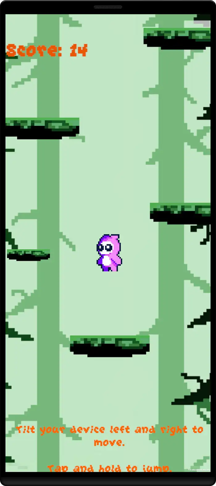 A screenshot of a mobile game featuring a green background and a pink pixel art character