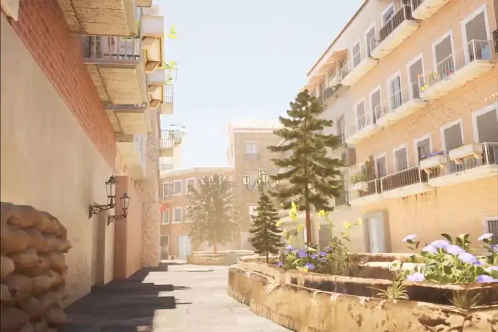An Unreal Engine screenshot of a sunny street lined with orange brick buildings