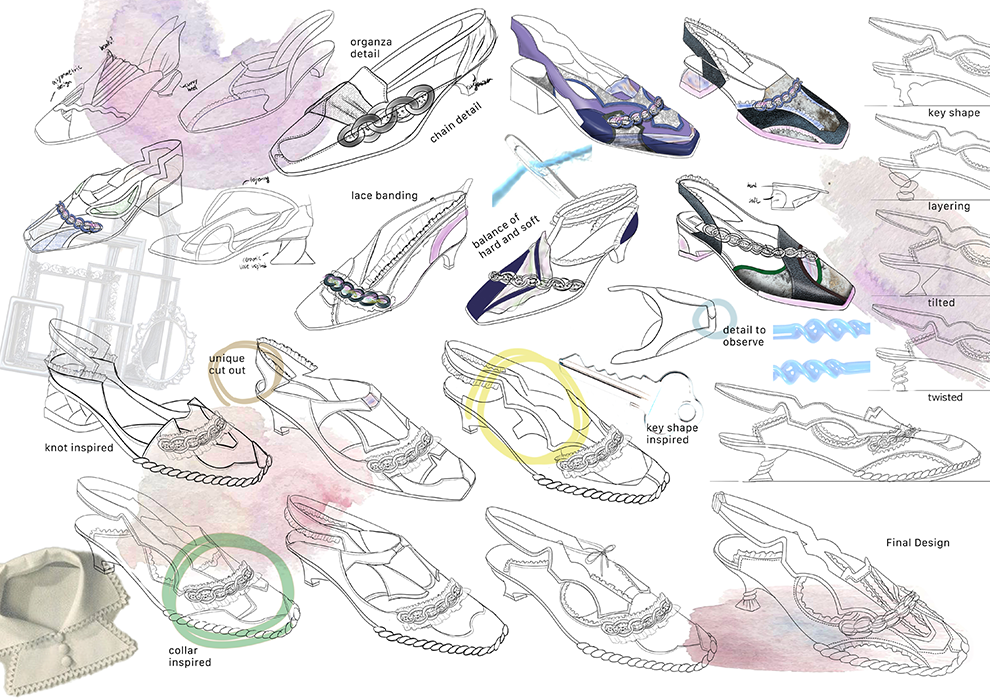 Digital sketches of various iterations of shoe designs