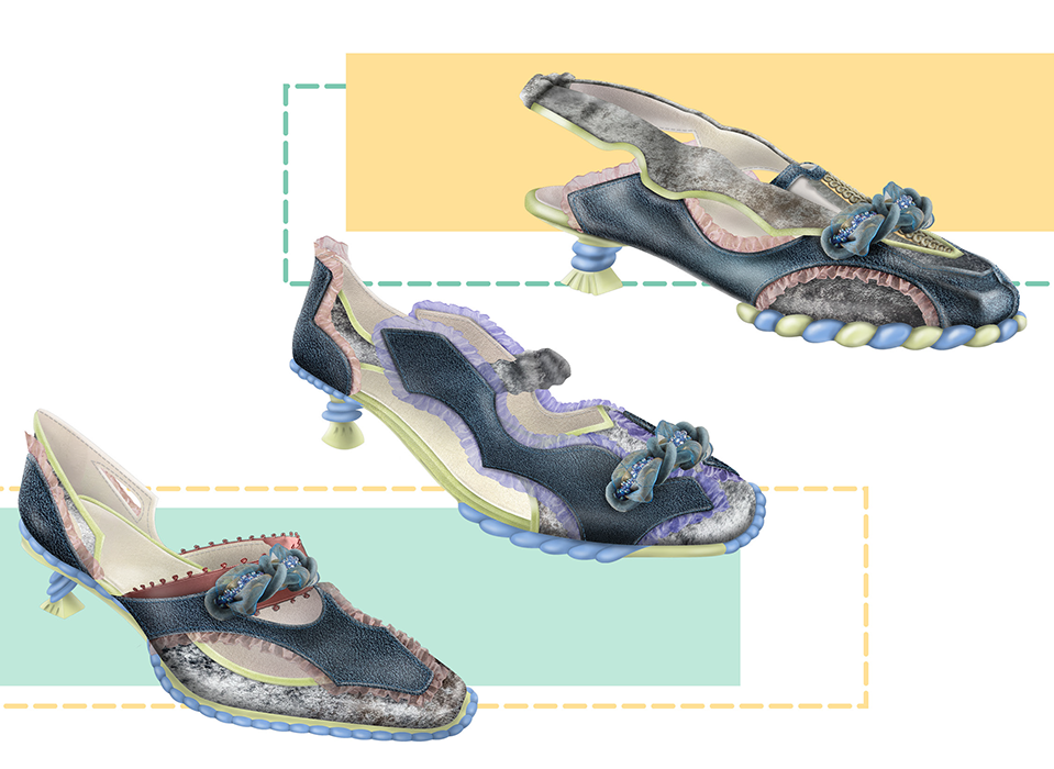 Three iterations of shoes made with a variety of fabrics and textures in greens, blues and greys