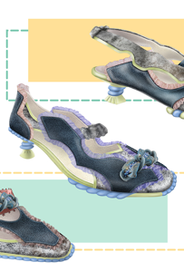 Three iterations of shoes made with a variety of fabrics and textures in greens, blues and greys