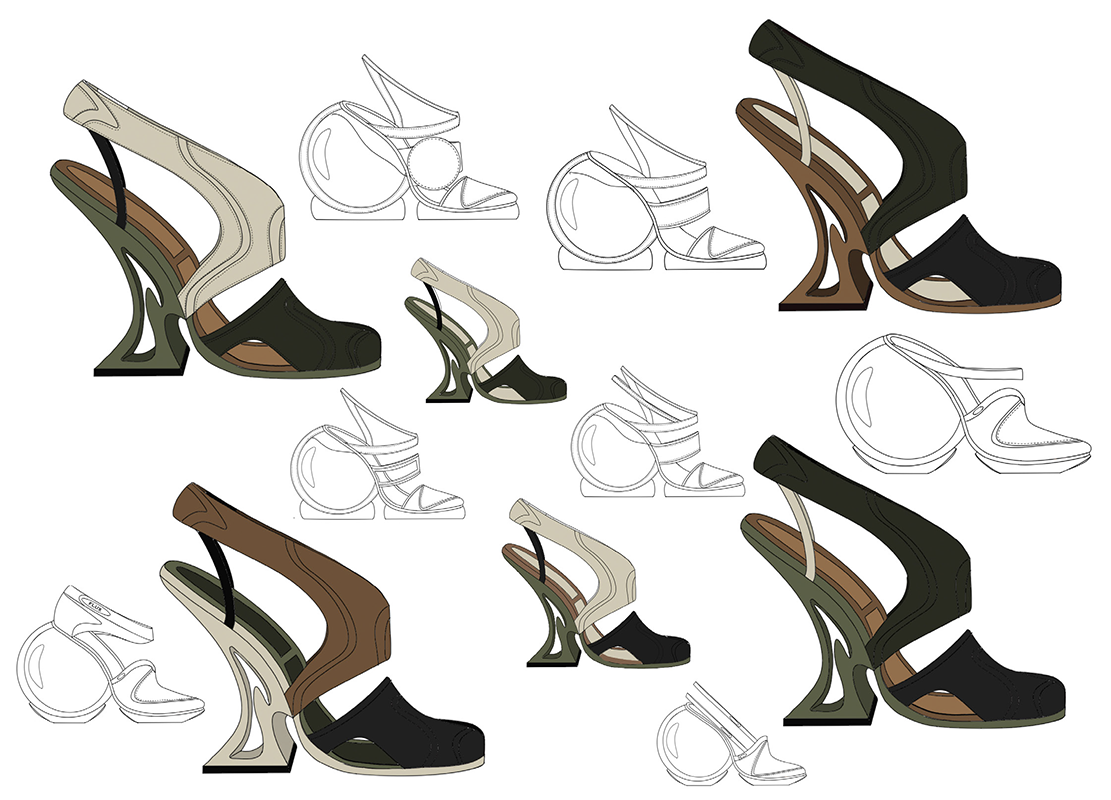 Digital sketches of various iterations of shoes with abstract shapes and designs