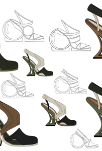 Digital sketches of various iterations of shoes with abstract shapes and designs