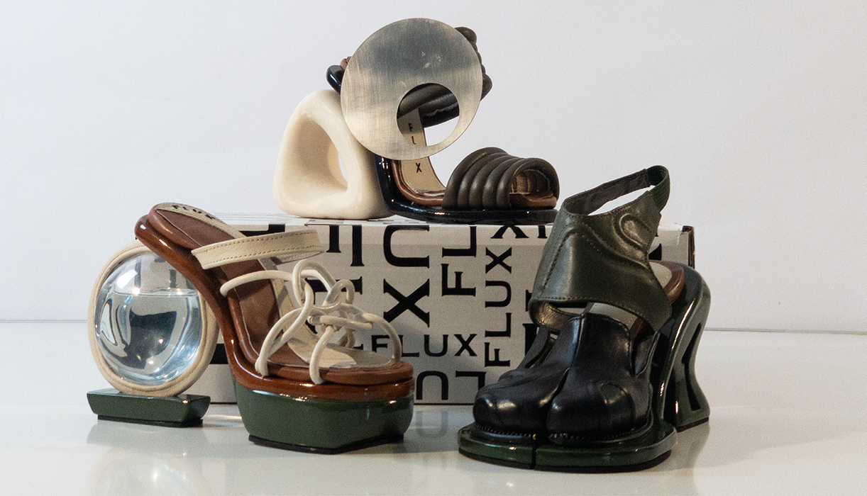 Three iterations of shoes with abstract shapes and designs