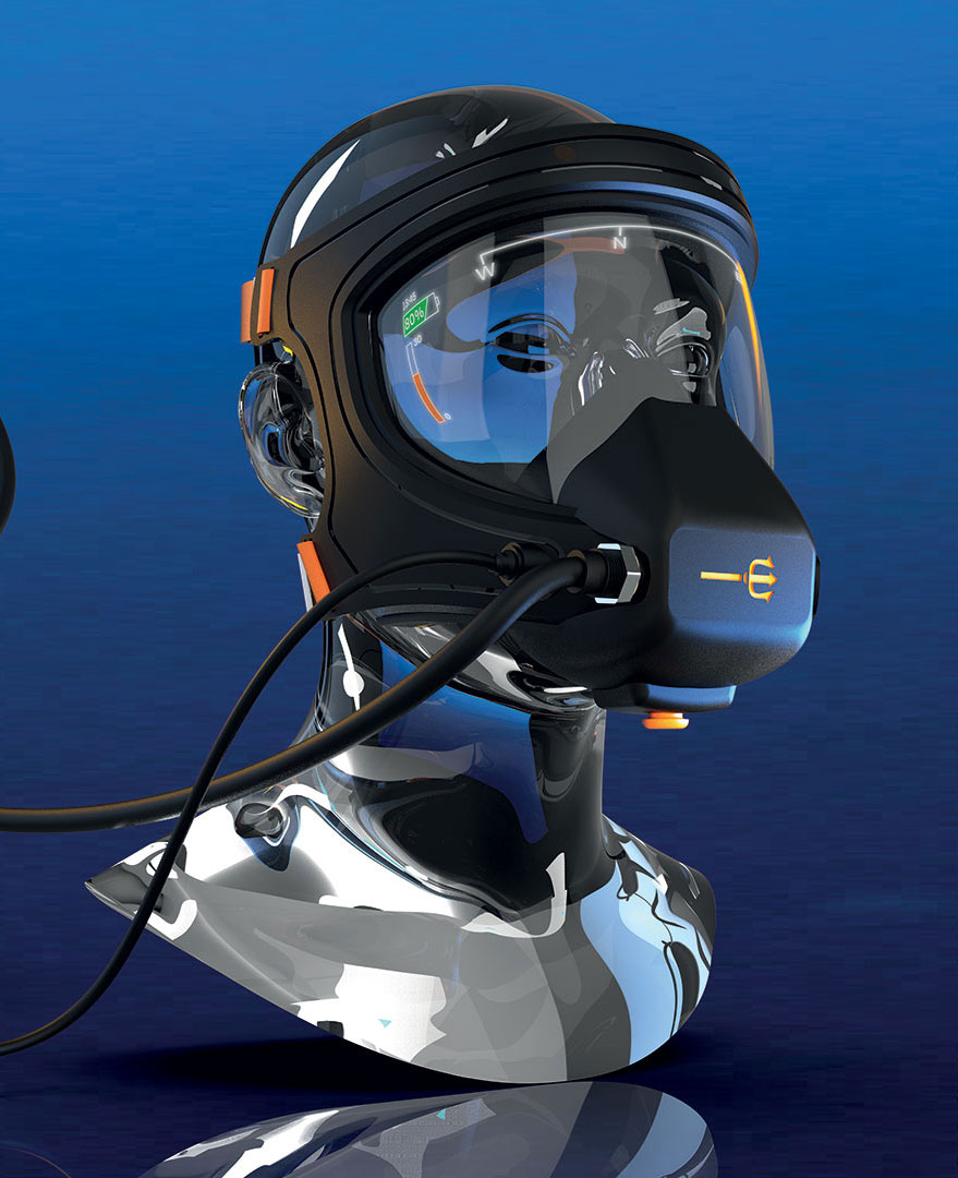 Front view of a black scuba mask with a Trident logo on the mouthpiece