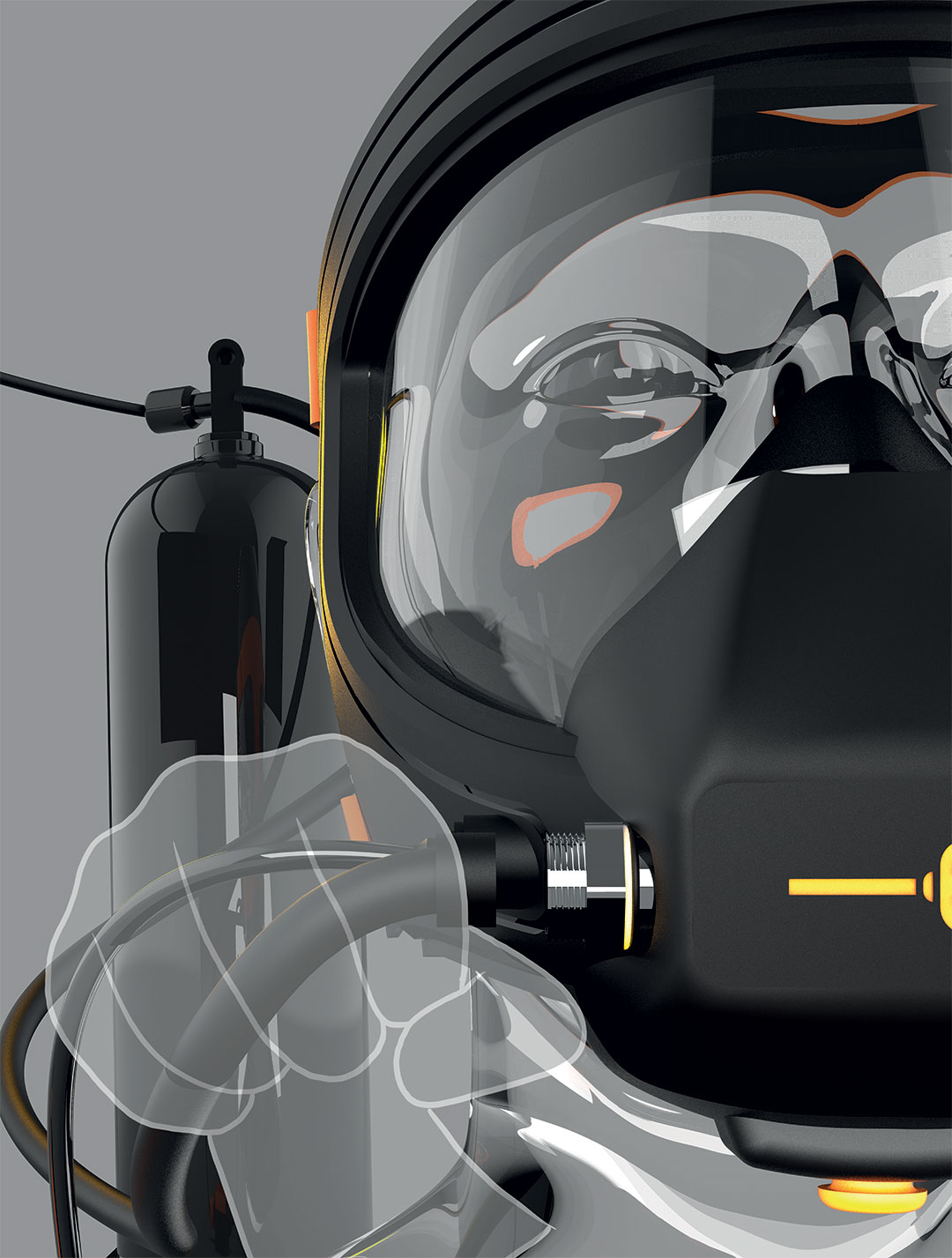 Front closeup of a black scuba mask with a translucent hand illustration demonstrating how to detach the oxygen pipe