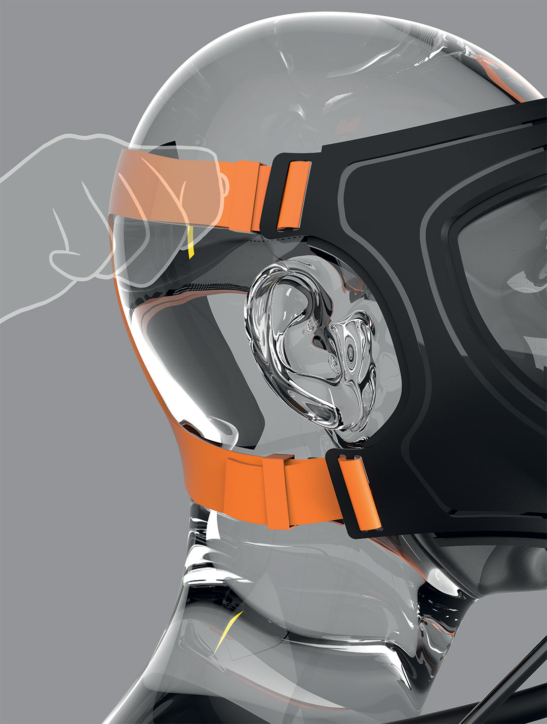 Side view of a black scuba mask with orange straps; a translucent hand illustration is demonstrating how to tighten the straps.